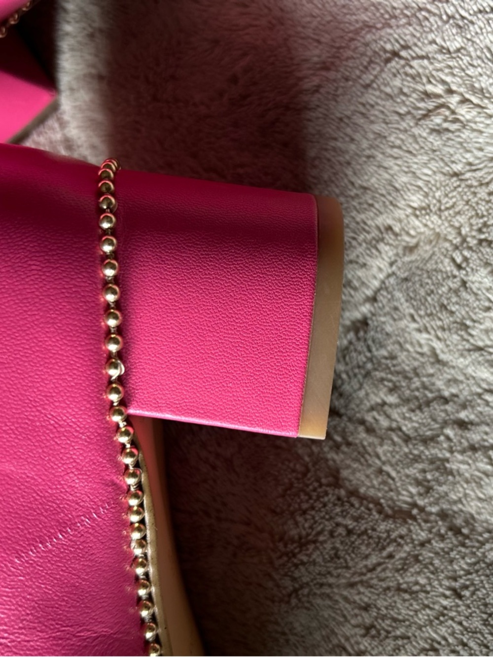Coach Fuchsia Leather Mid Block Heel Pumps with Gold Chain Trim - Picture 7 of 10